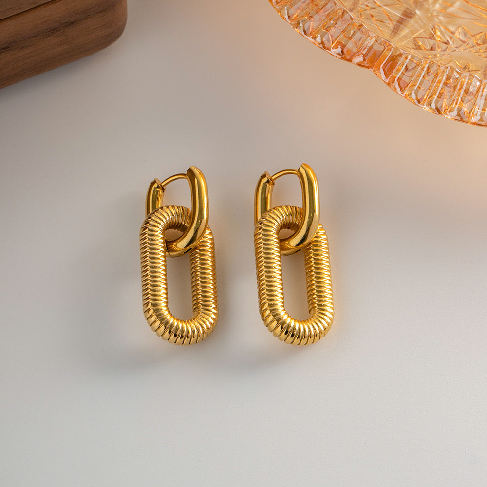Pvd Coated Real Gold Plated Oval Stainless Steel Fashion Waterproof Non Tarnish Drop Earrings