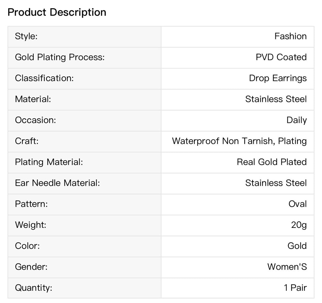Pvd Coated Real Gold Plated Oval Stainless Steel Fashion Waterproof Non Tarnish Drop Earrings