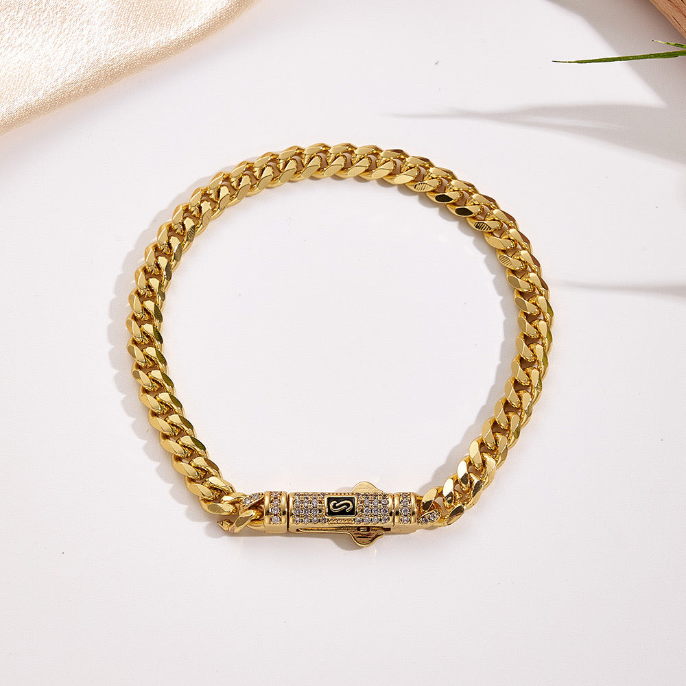 Waterproof Plated 304 Stainless Steel Monaco Cuban Chain & Copper Inlaid Zirconia Clasp Handmade Polished Electroplated Bracelet Unisex (length: 210mm & chain thickness:
6mm)